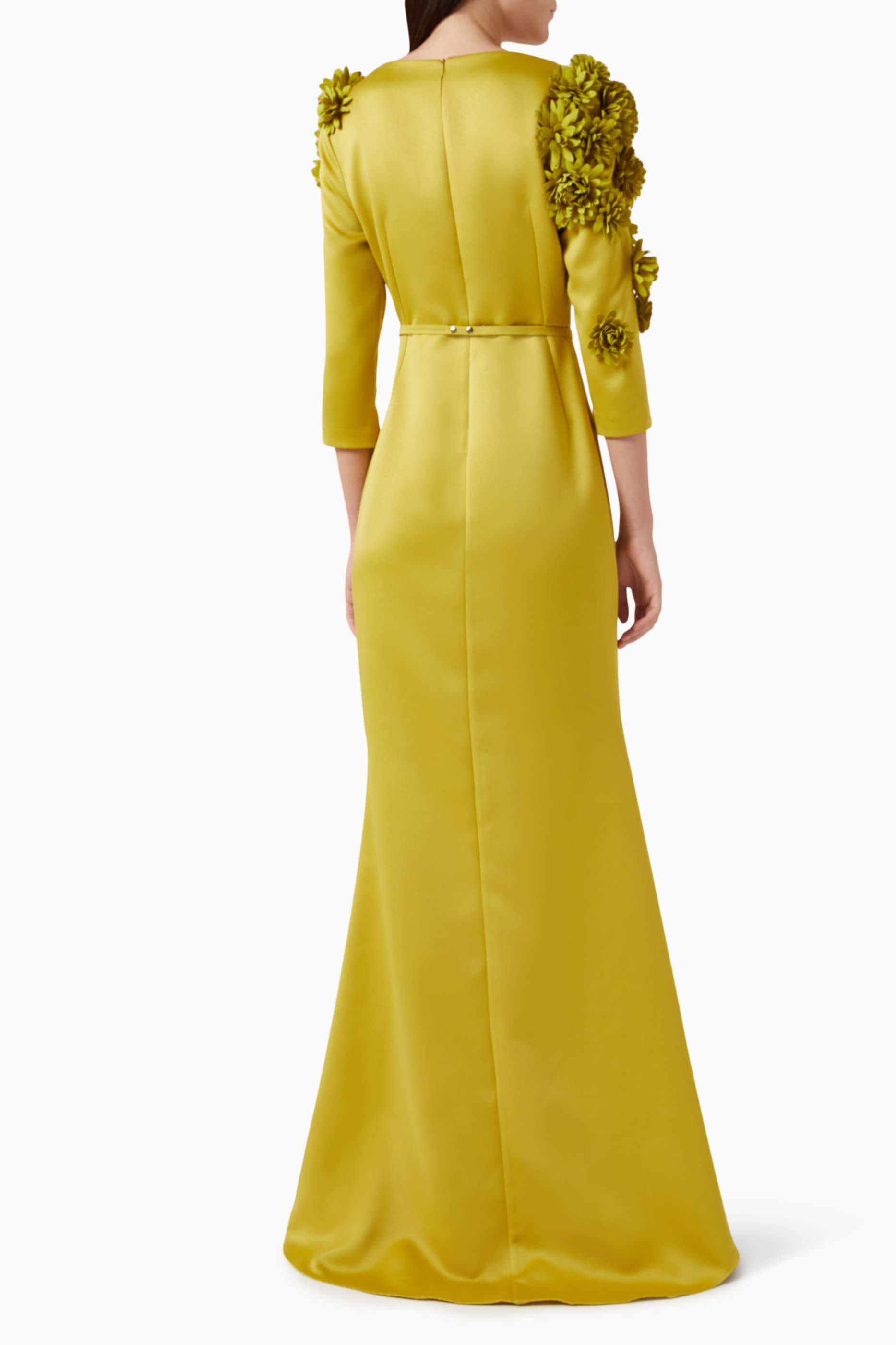 3D Flower Satin Maxi Dress With Belt