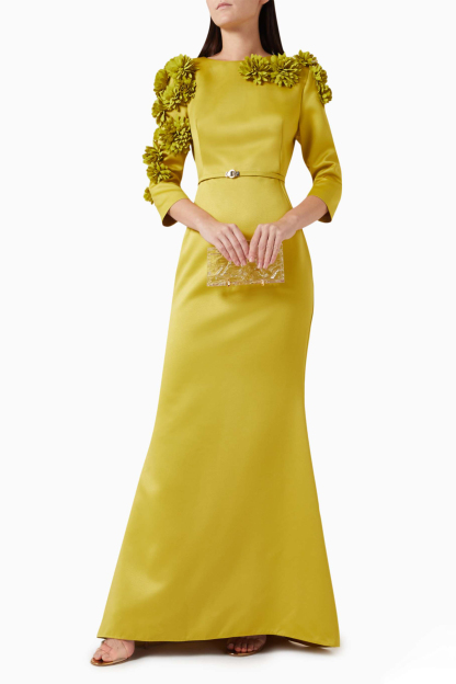 3D Flower Satin Maxi Dress With Belt