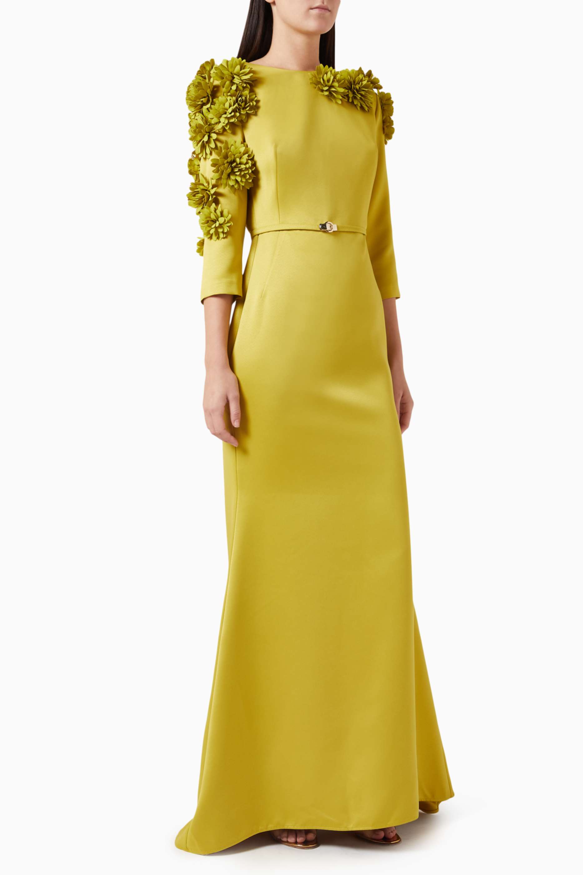 3D Flower Satin Maxi Dress With Belt