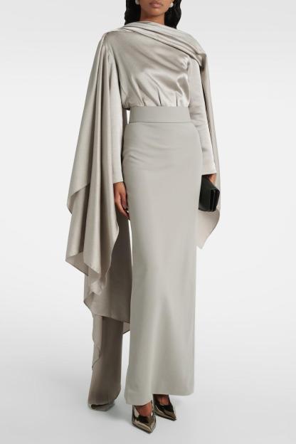 Satin Cape Sleeve Top & High Waist Slit Midi Skirt Set