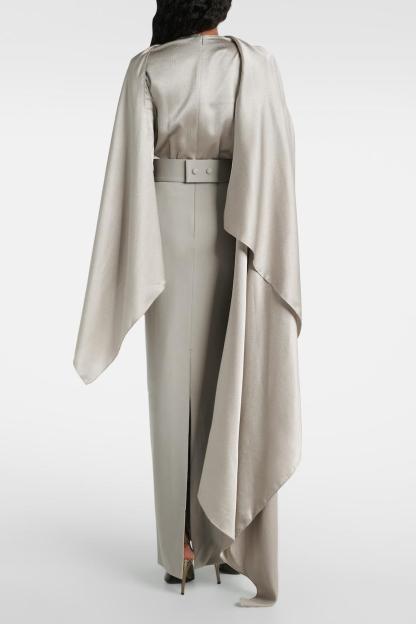 Satin Cape Sleeve Top & High Waist Slit Midi Skirt Set