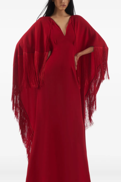 Solid Tie-Up Tassel Cape Sleeve Maxi Dress