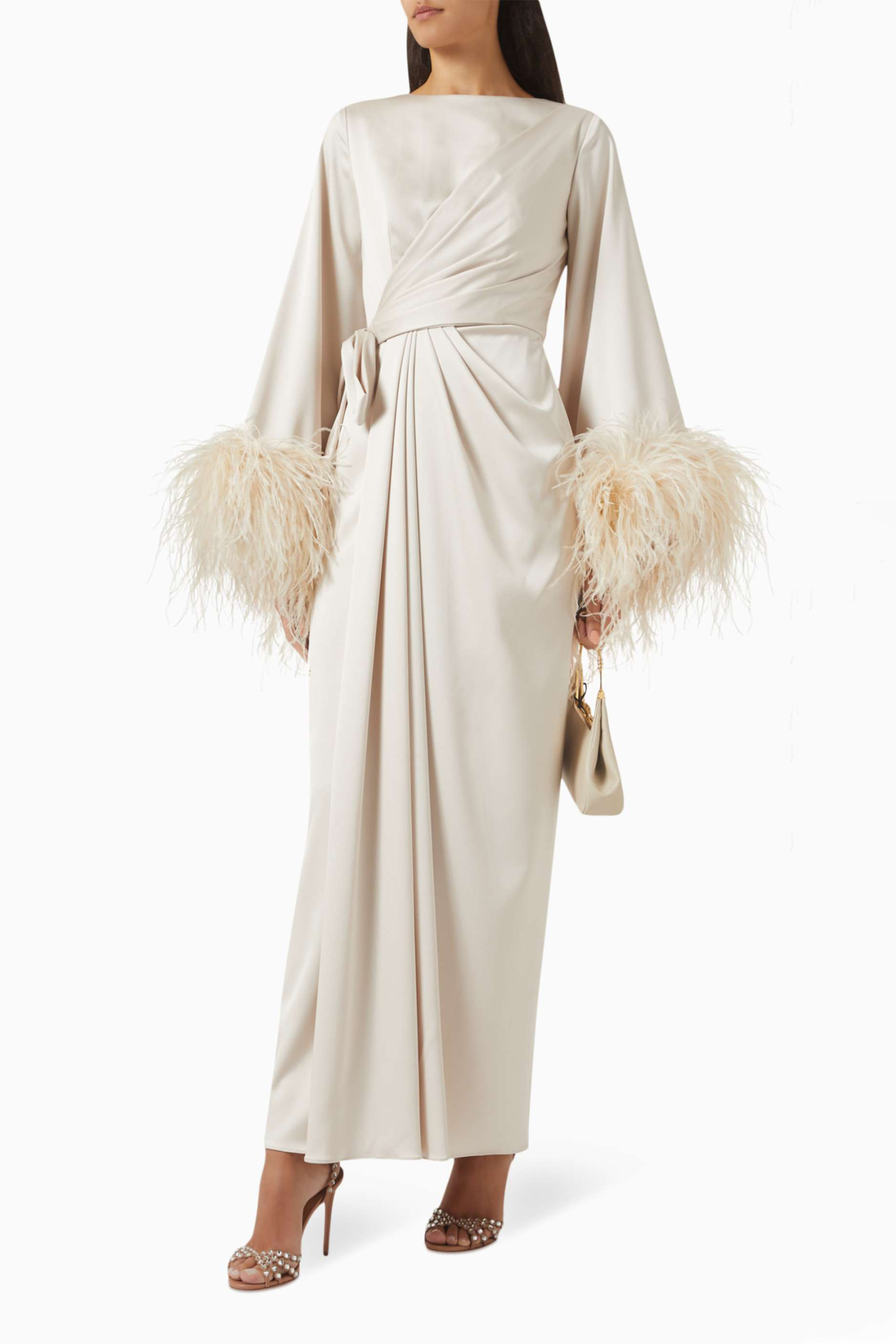 Satin Lace-Up Feather-Trimmed Pleated Maxi Dress