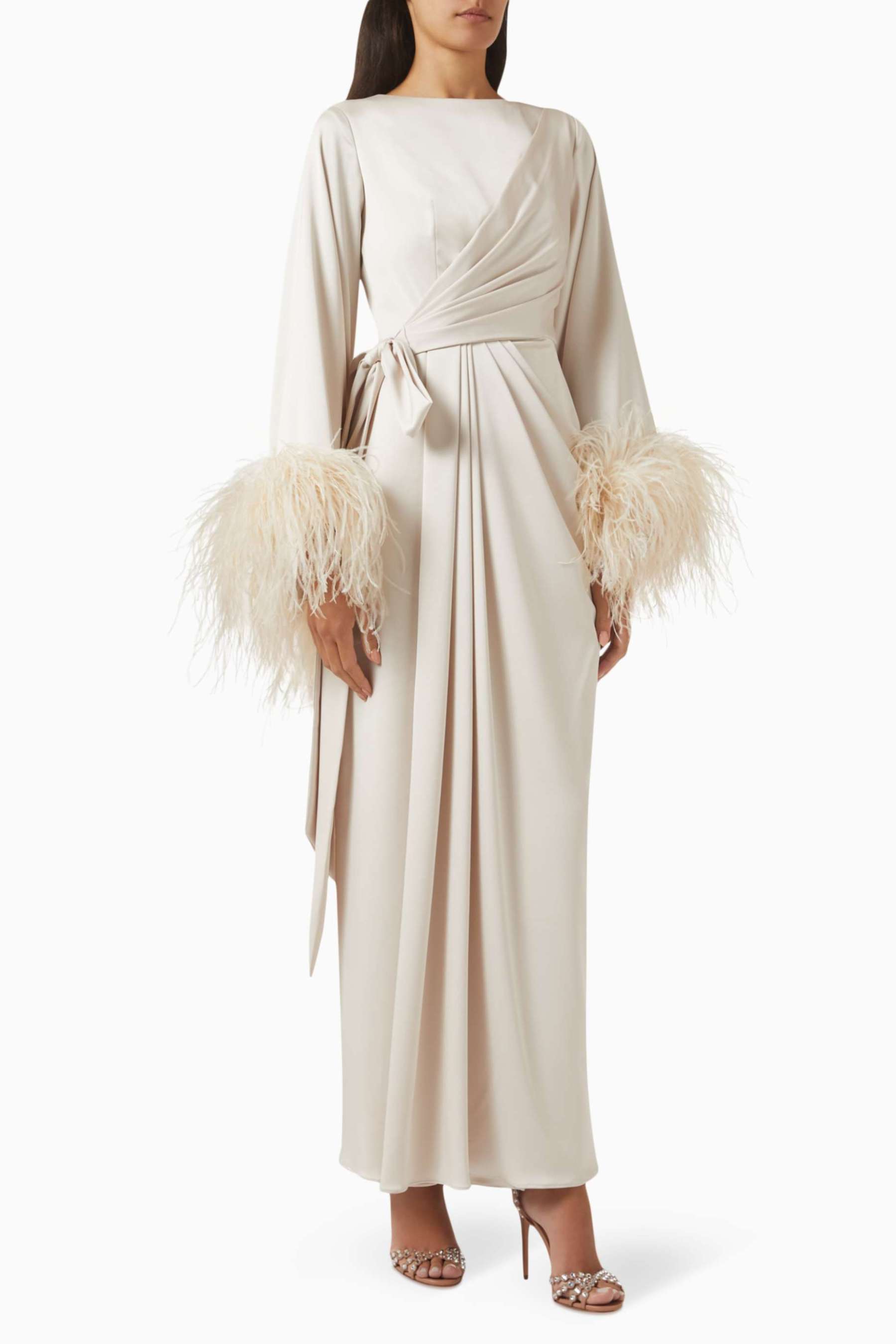 Feather Lace-Up Pleated Maxi Dress