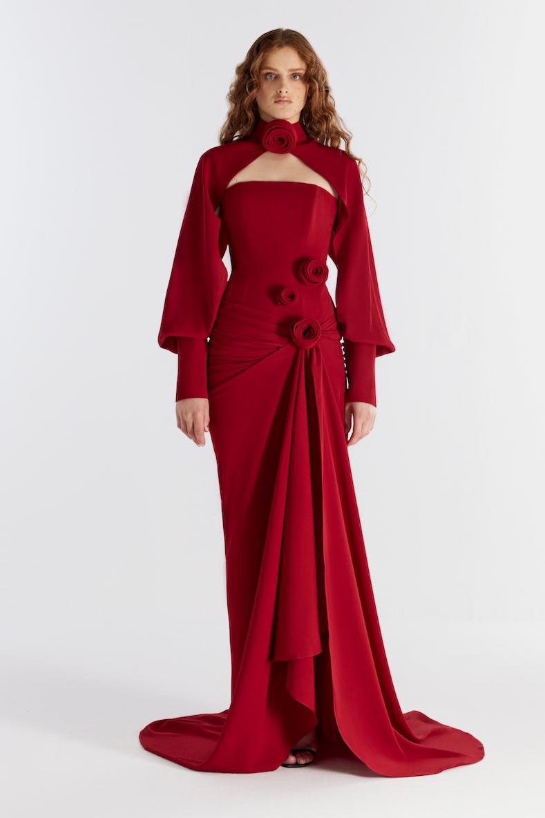 3D Flower Ruched Maxi Dress With Cape