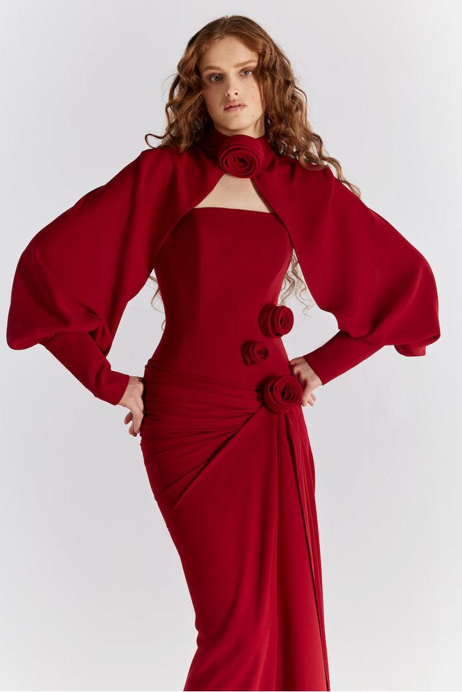 3D Flower Ruched Maxi Dress With Cape