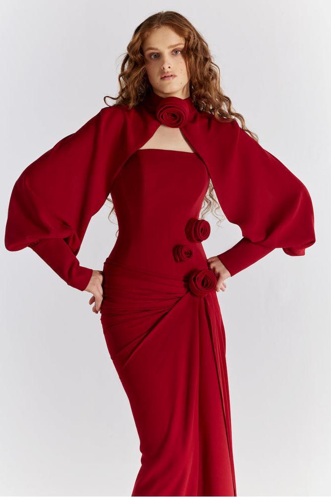 3D Flower Ruched Maxi Dress With Cape