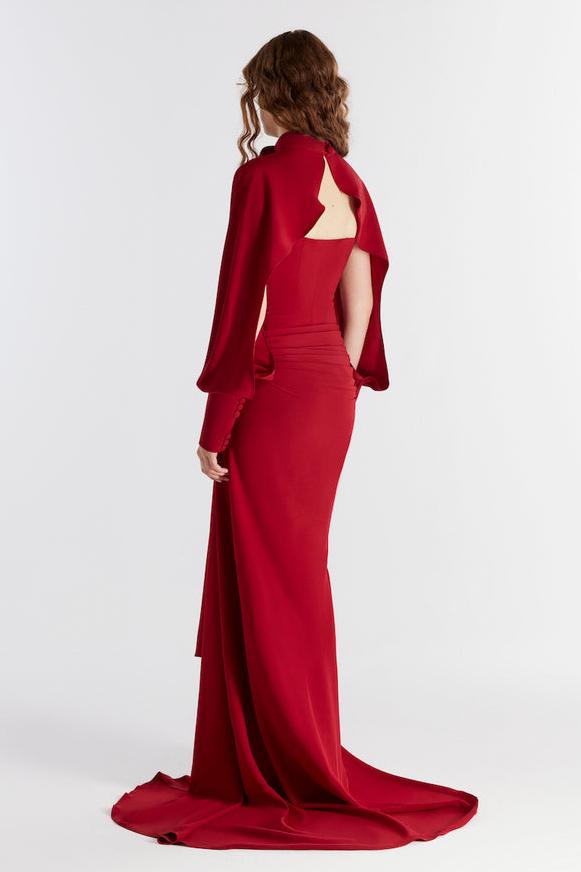 3D Flower Ruched Maxi Dress With Cape