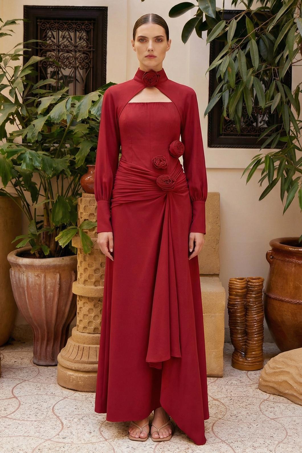 3D Flower Ruched Maxi Dress With Cape