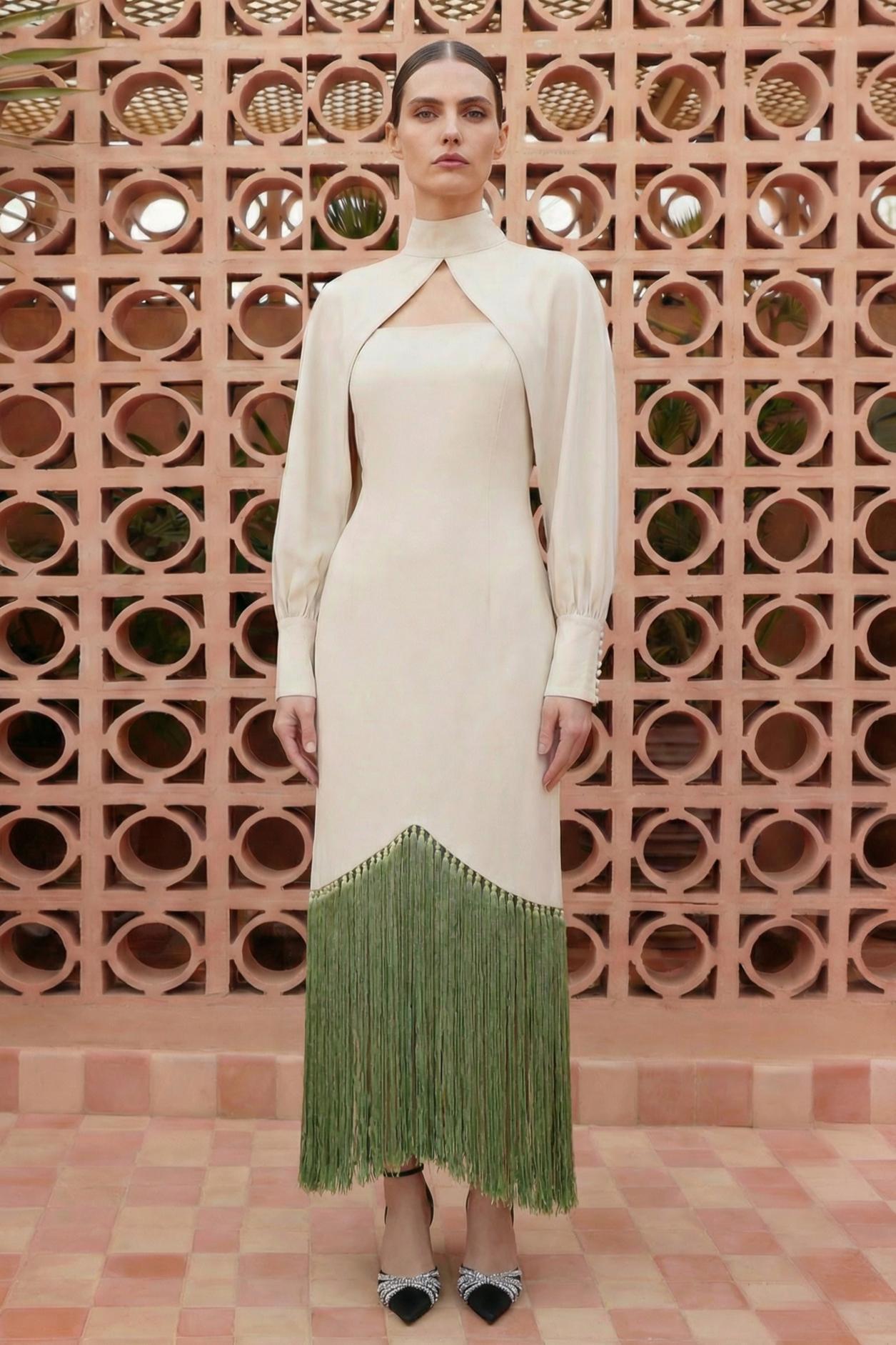 Tassel Slip Midi Dress With Cape