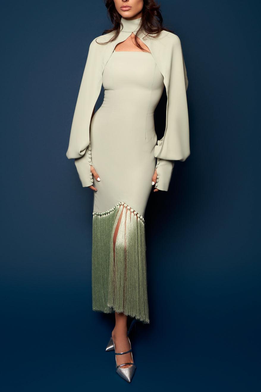 Tassel Slip Midi Dress With Cape