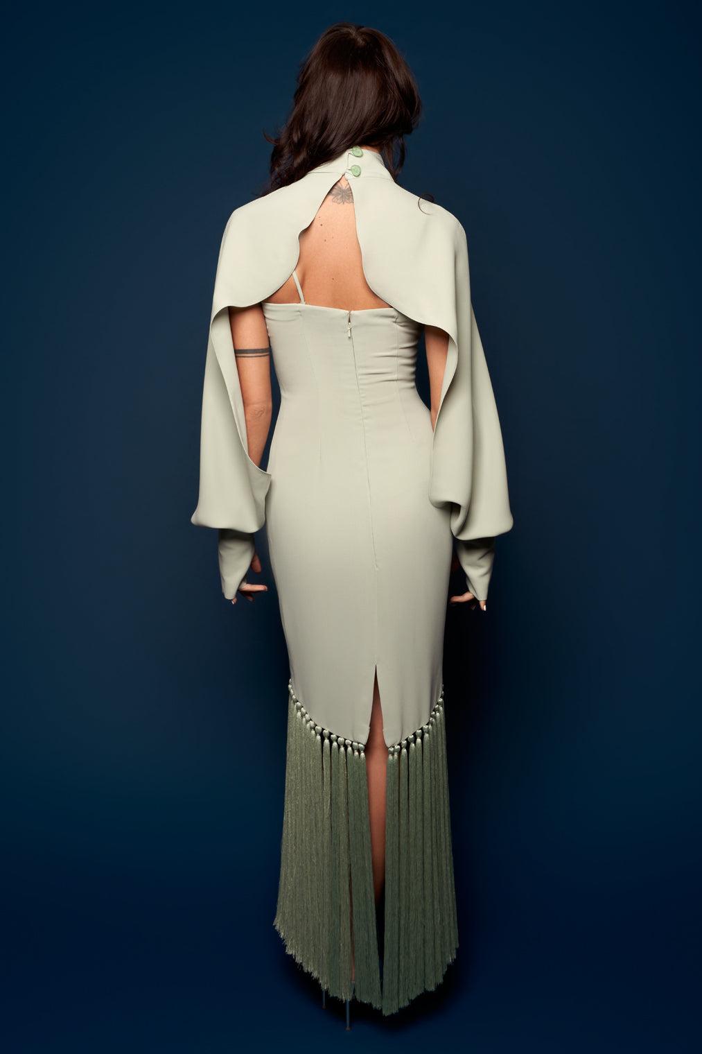 Tassel Slip Midi Dress With Cape