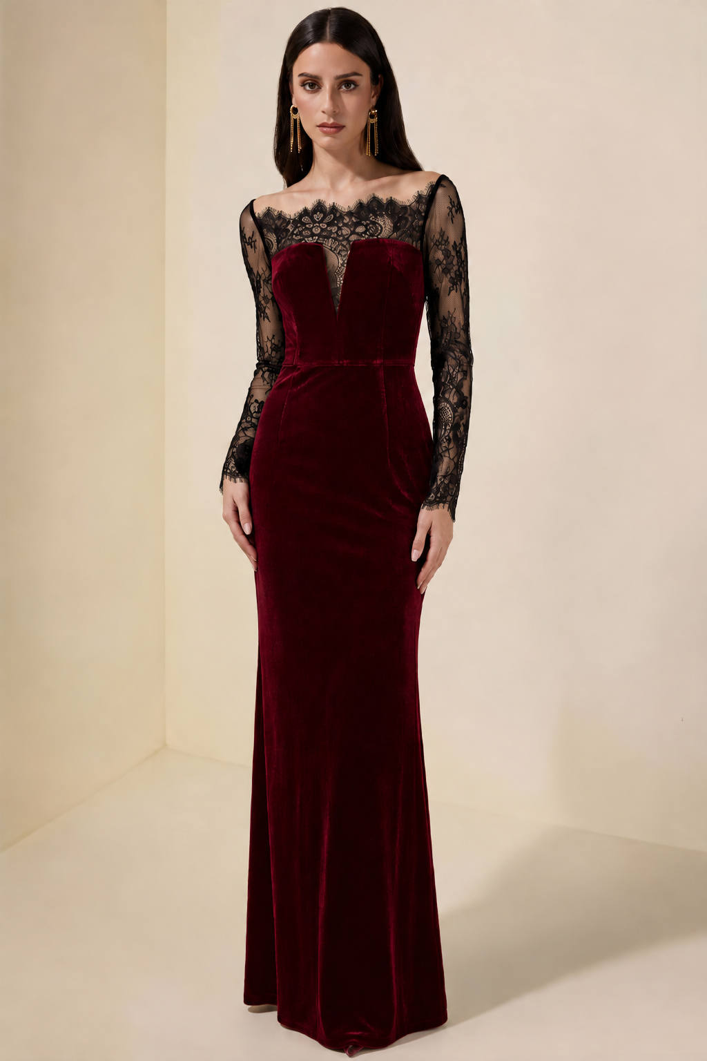 Velvet Splicing Lace Maxi Dress