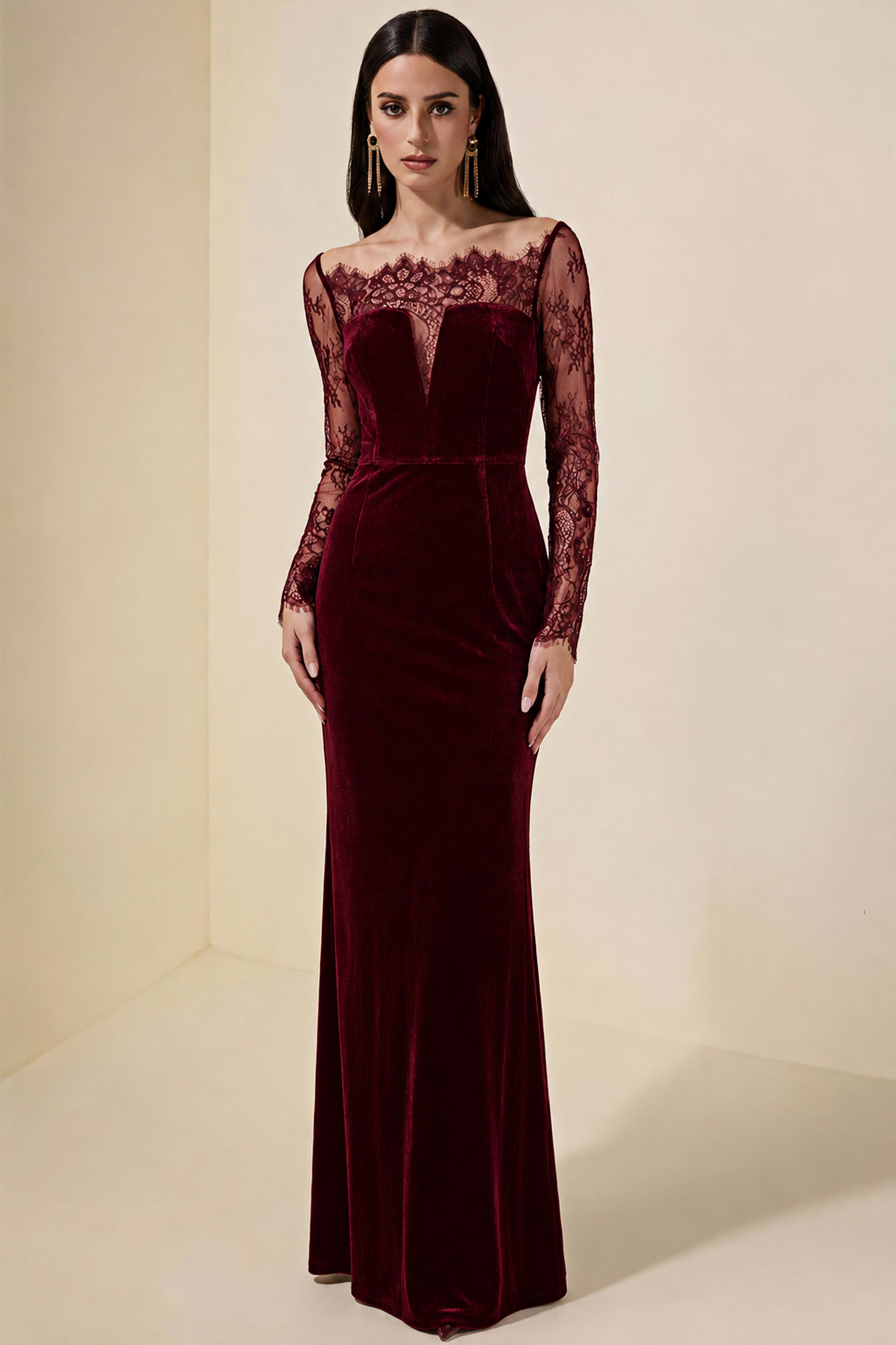 Velvet Splicing Lace Maxi Dress