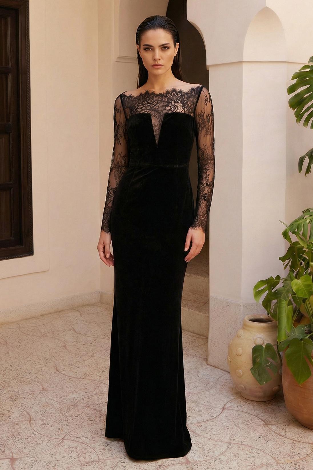 Velvet Splicing Lace Maxi Dress