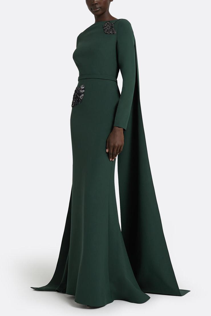 Embroidered Boat Neck Long Sleeve Maxi Dress