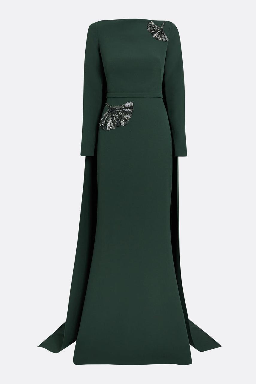 Embroidered Boat Neck Long Sleeve Maxi Dress