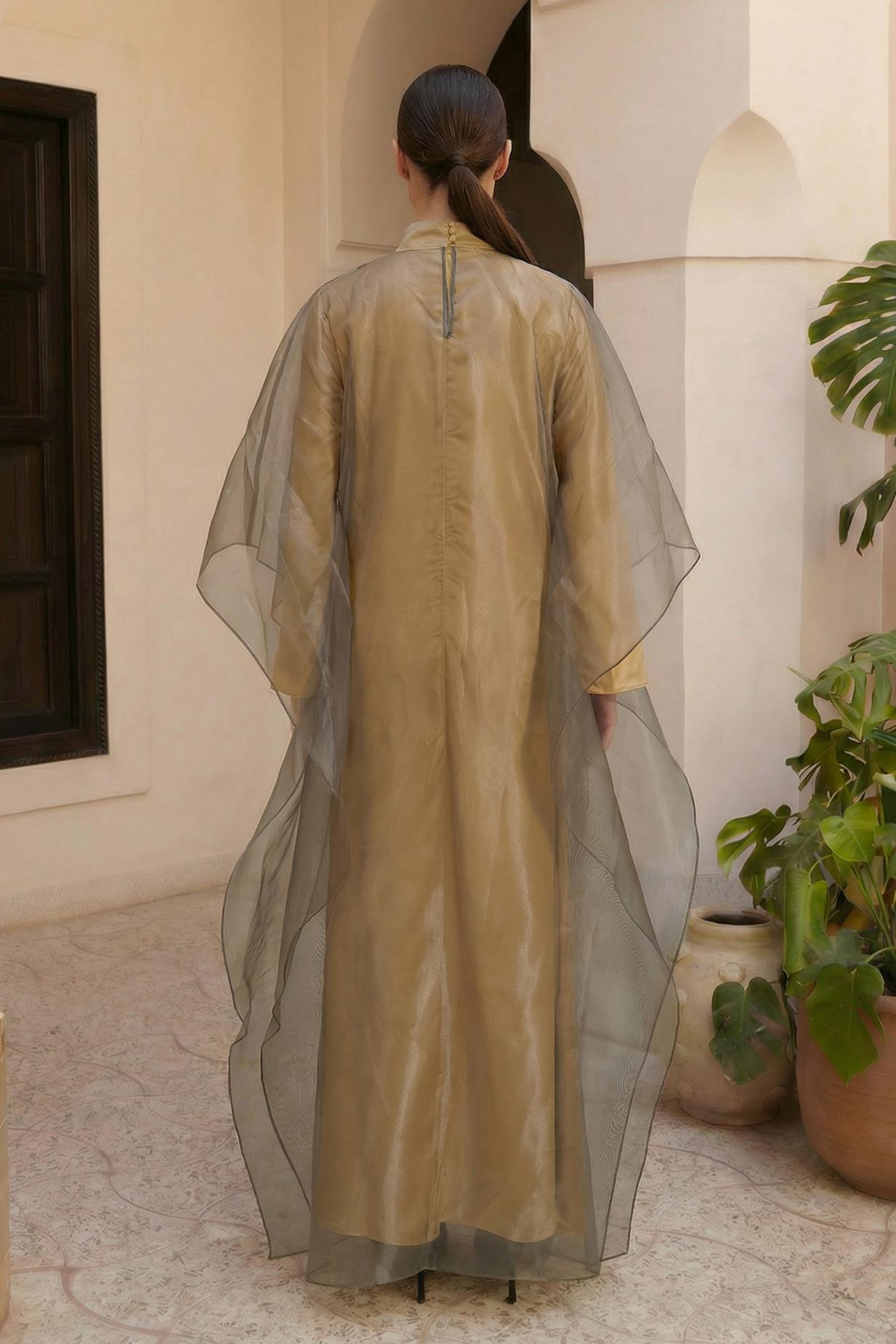 Organza Stand Colllar Maxi Dress With Cape