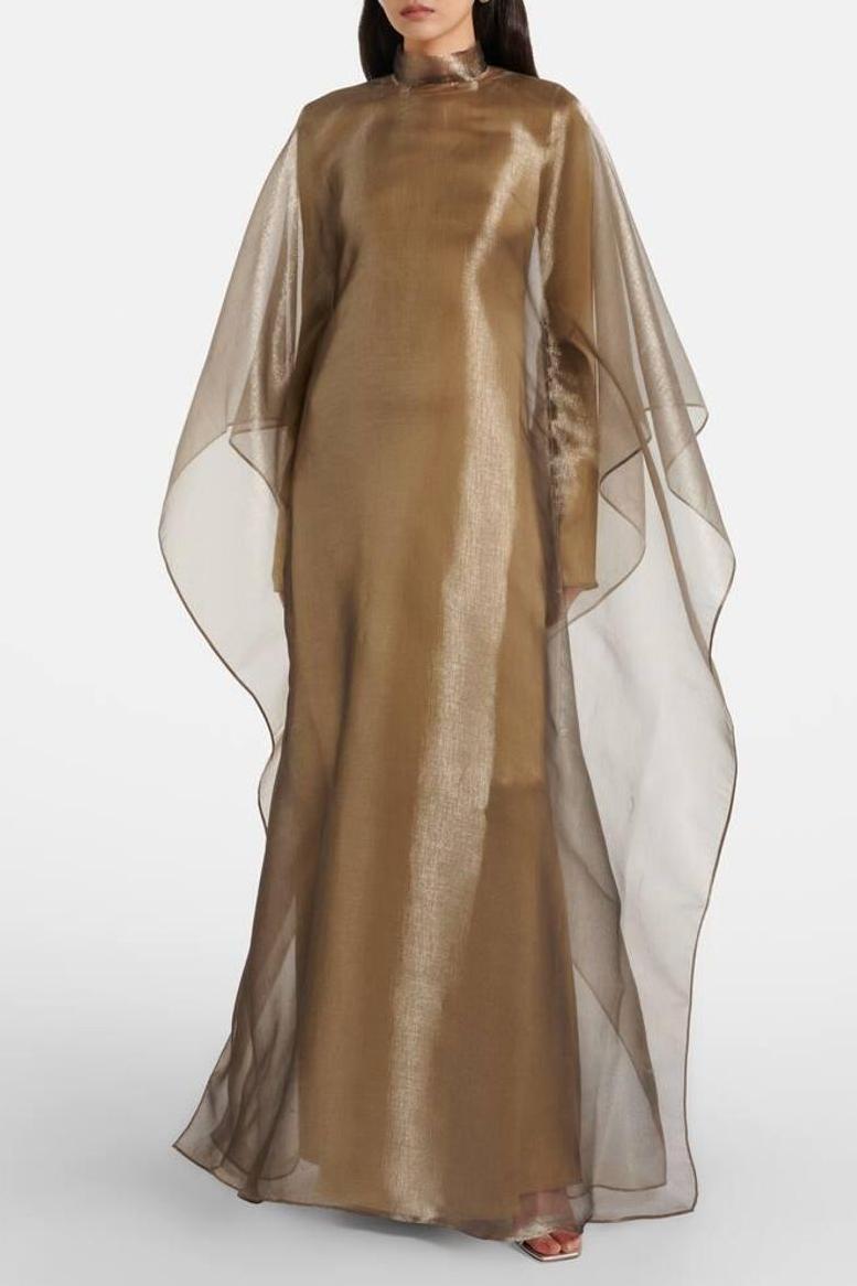 Organza Stand Colllar Maxi Dress With Cape
