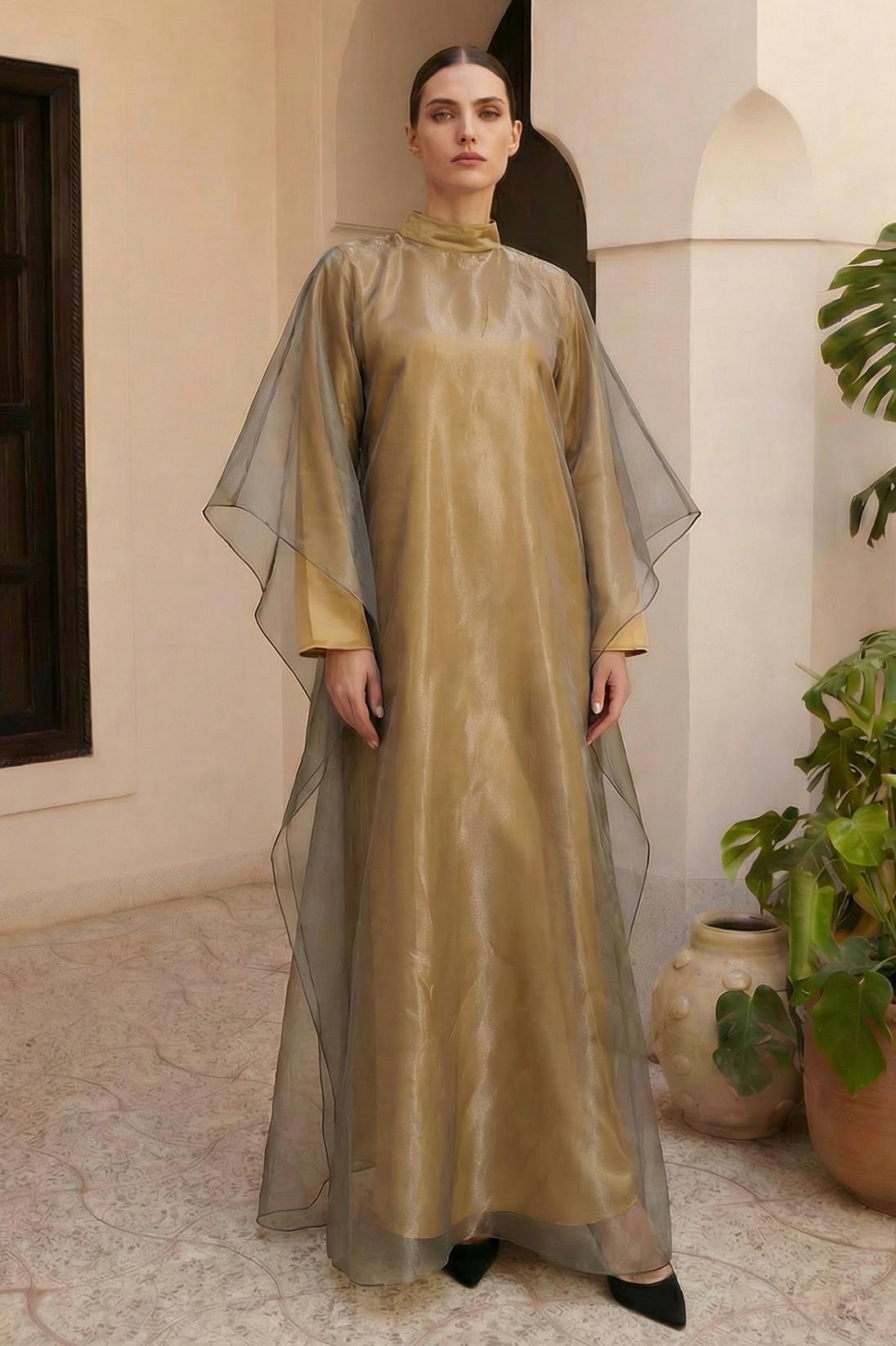 Organza Stand Colllar Maxi Dress With Cape