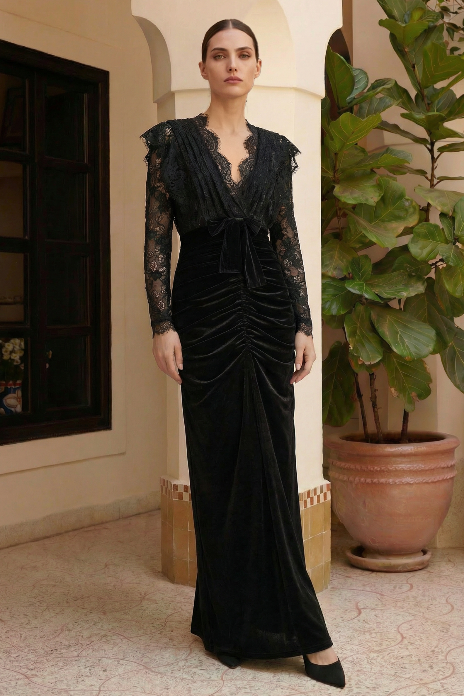 Velvet Splicing Lace Slit Maxi Dress