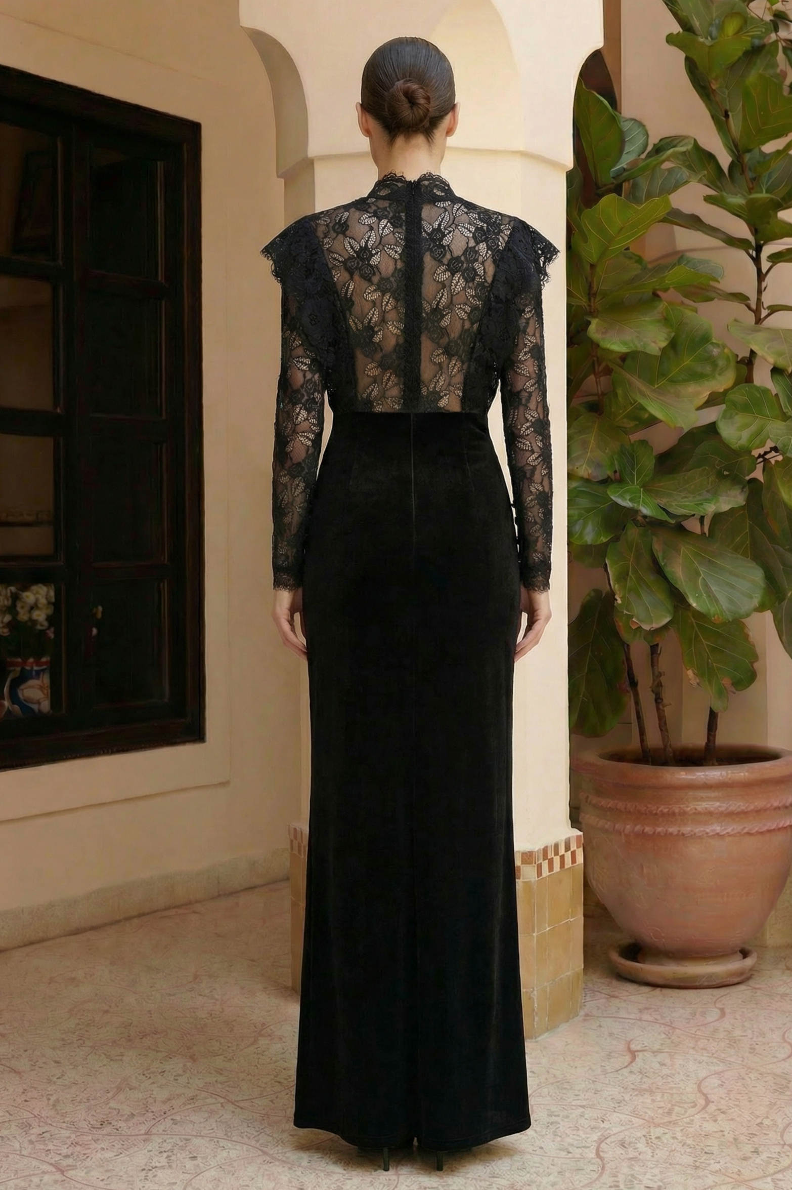 Velvet Splicing Lace Slit Maxi Dress