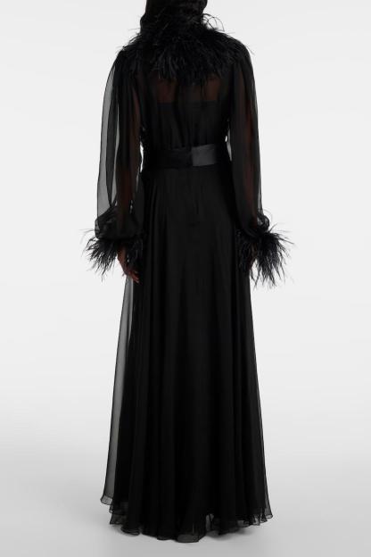 Chiffon Splicing Feather See-Through Maxi Dress