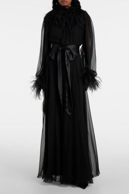 Chiffon Splicing Feather See-Through Maxi Dress