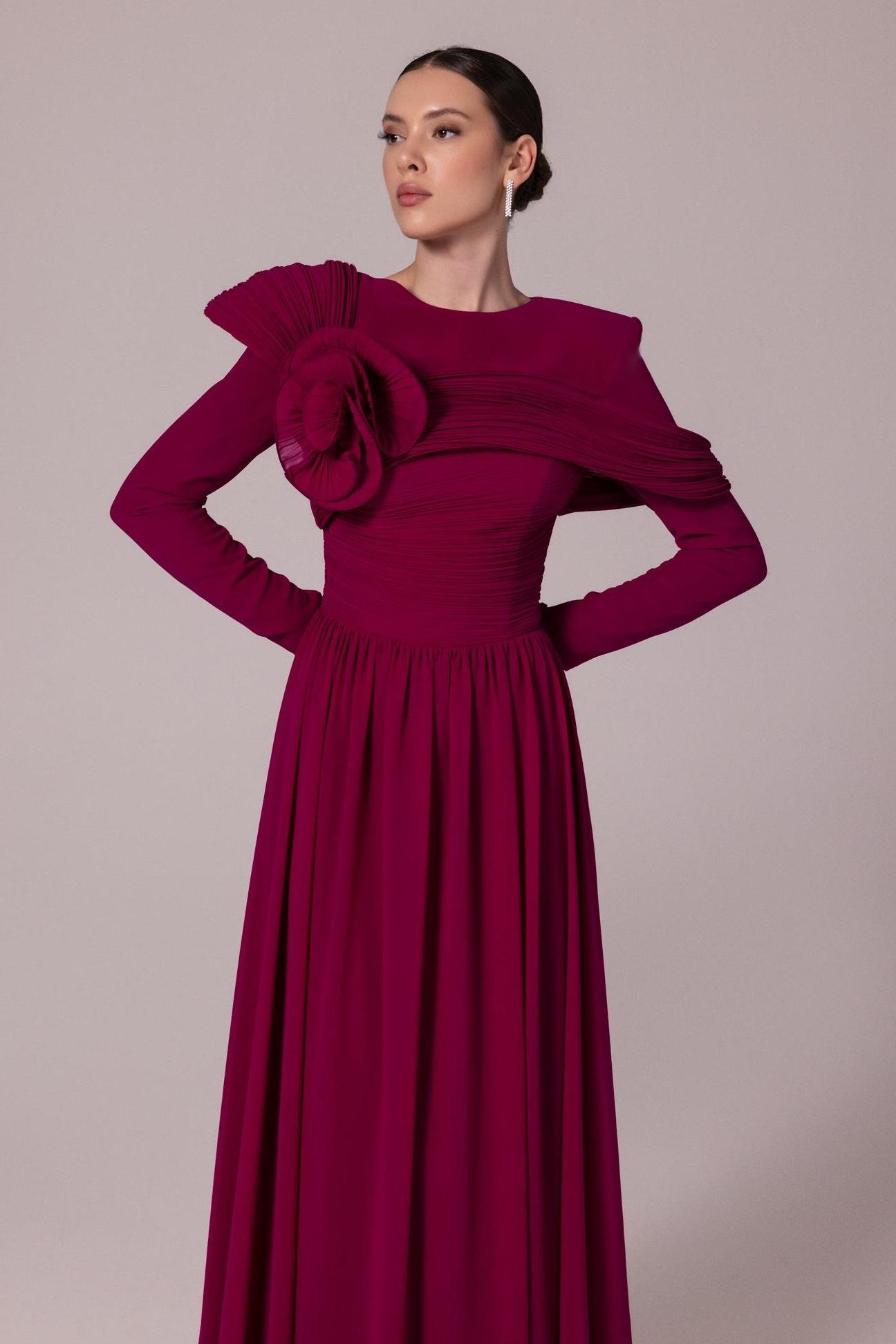 Solid Ruched 3D Flower Maxi Dress