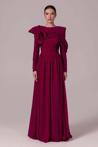 Solid Ruched 3D Flower Maxi Dress