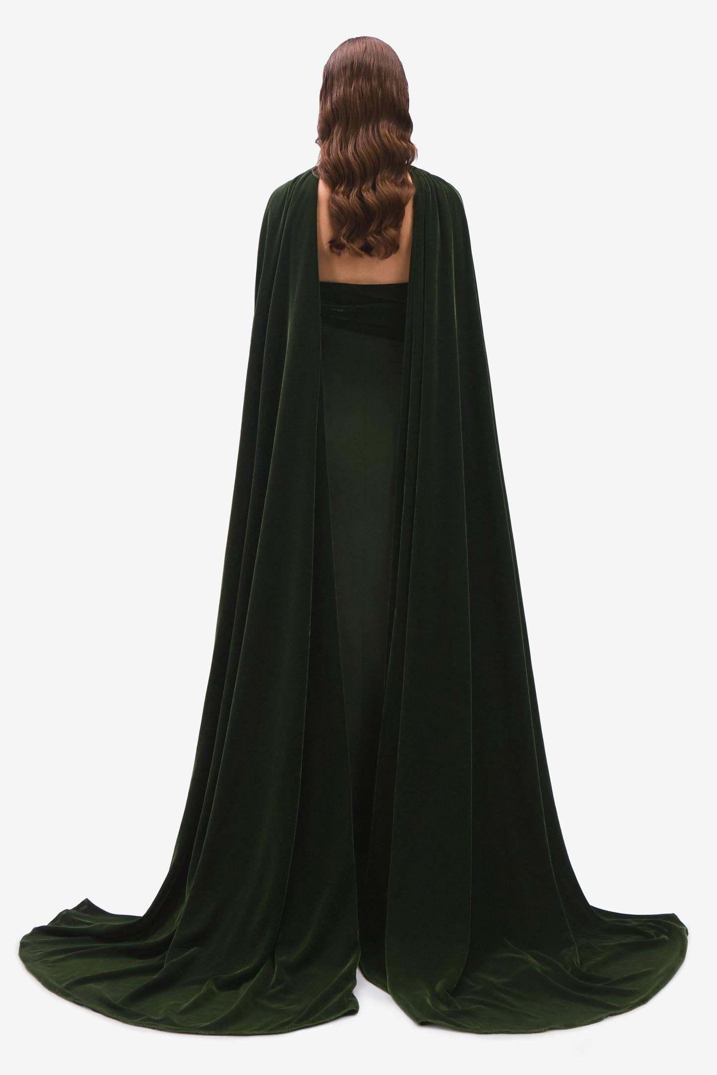 Off-Shoulder Slit Maxi Dress With Velvet Cape