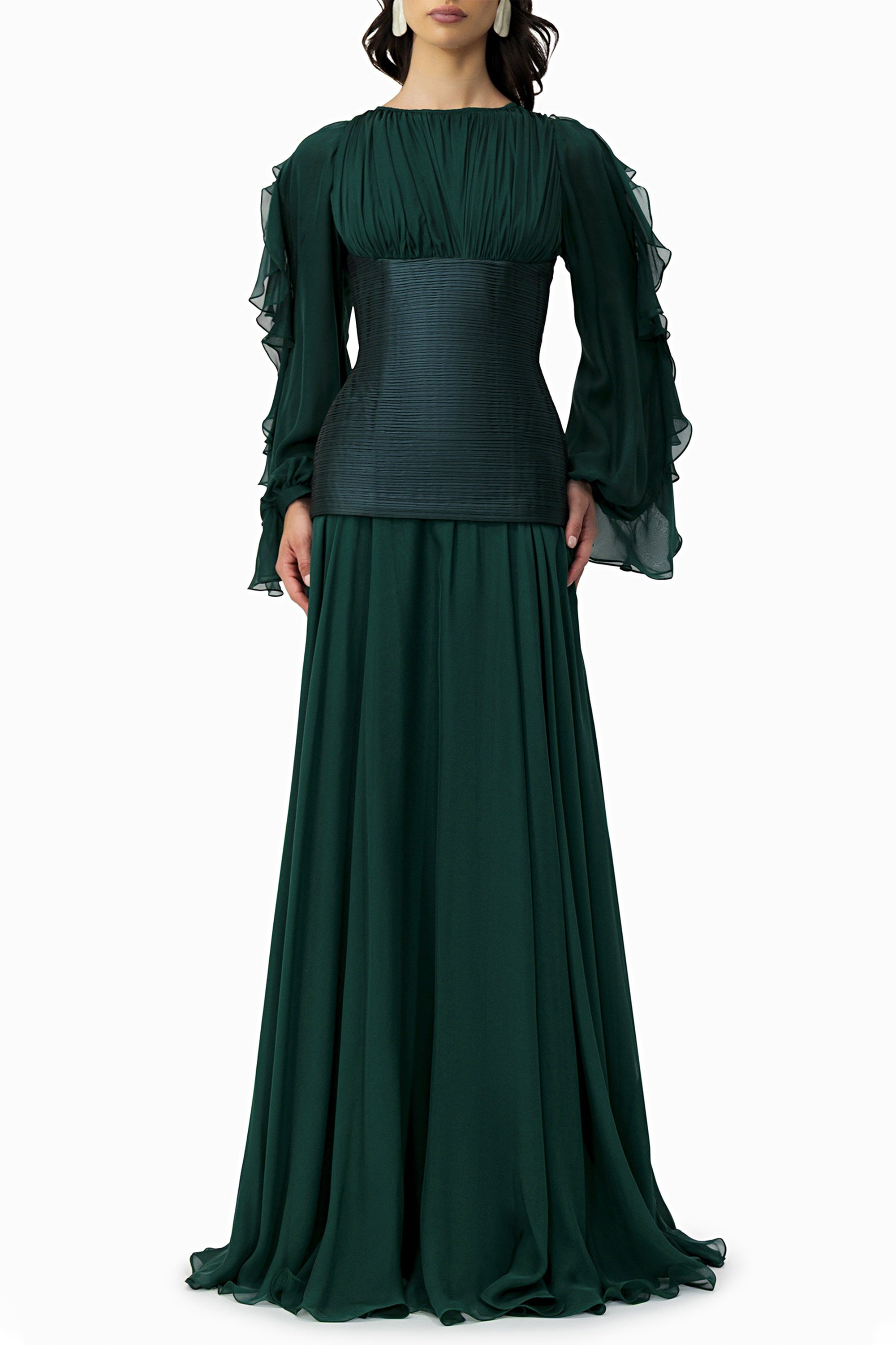 Chiffon Ruched Ruffle Maxi Dress