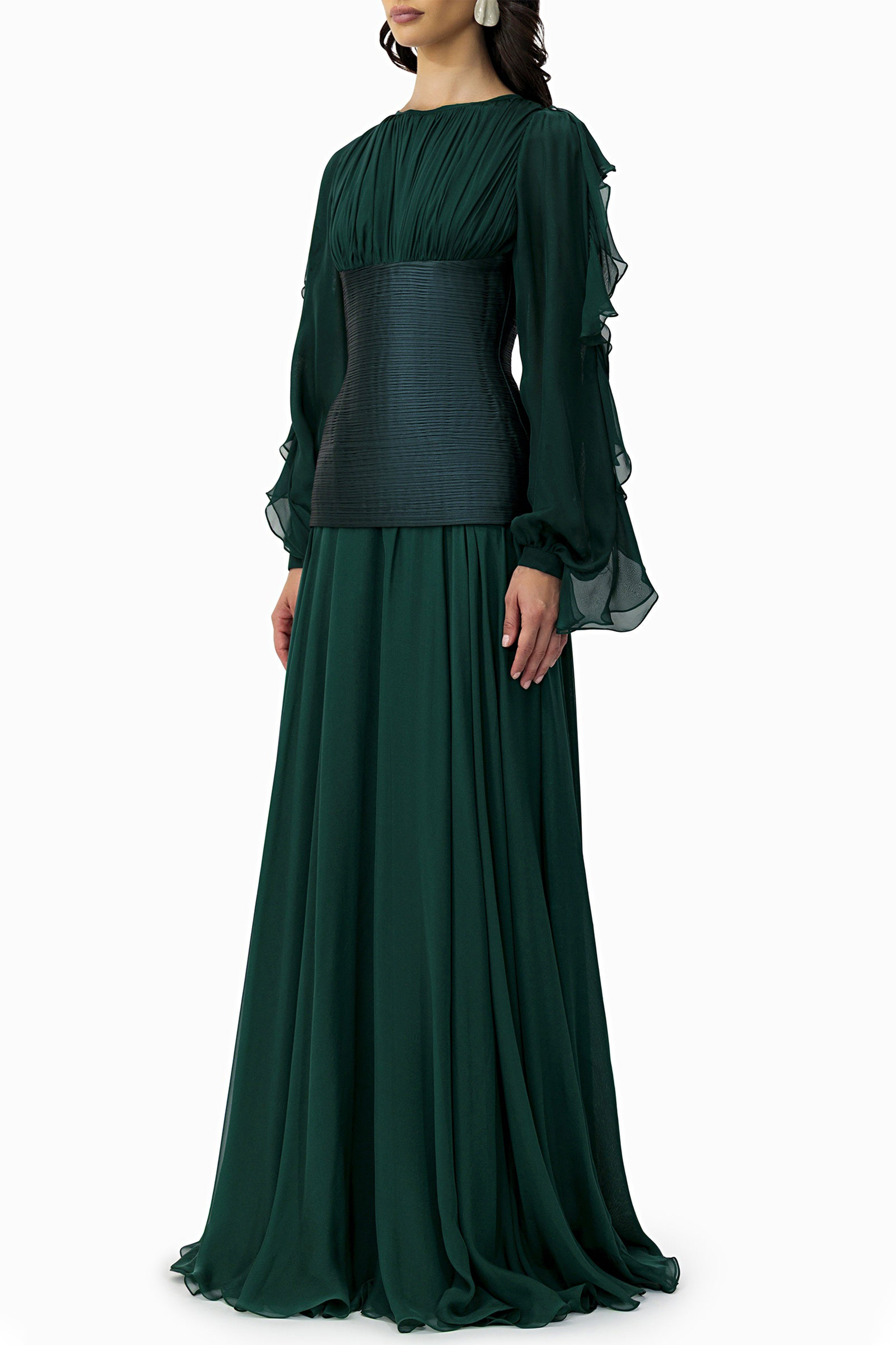 Chiffon Ruched Ruffle Maxi Dress