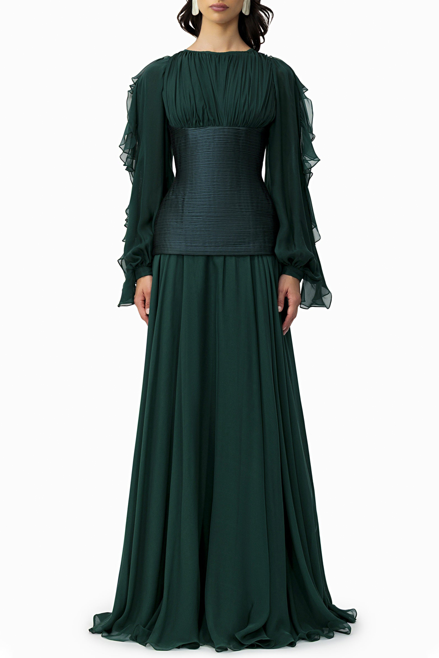 Chiffon Ruched Ruffle Maxi Dress