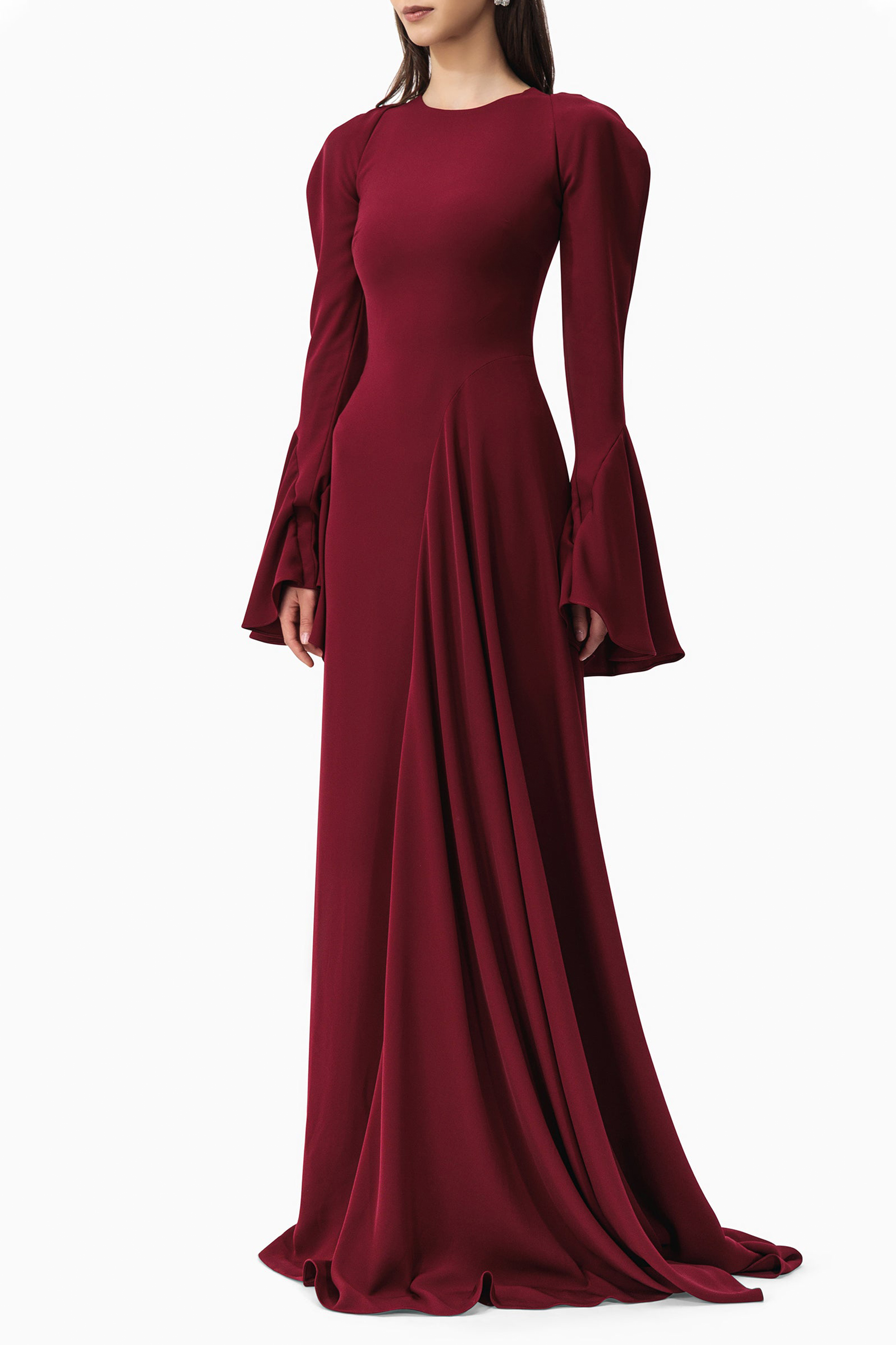 Solid Ruffle Long Sleeve Maxi Dress
