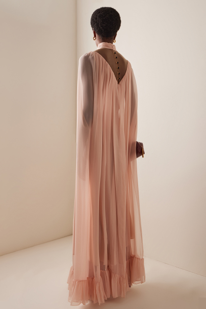 Chiffon Ruffle Cape Sleeve Maxi Dress