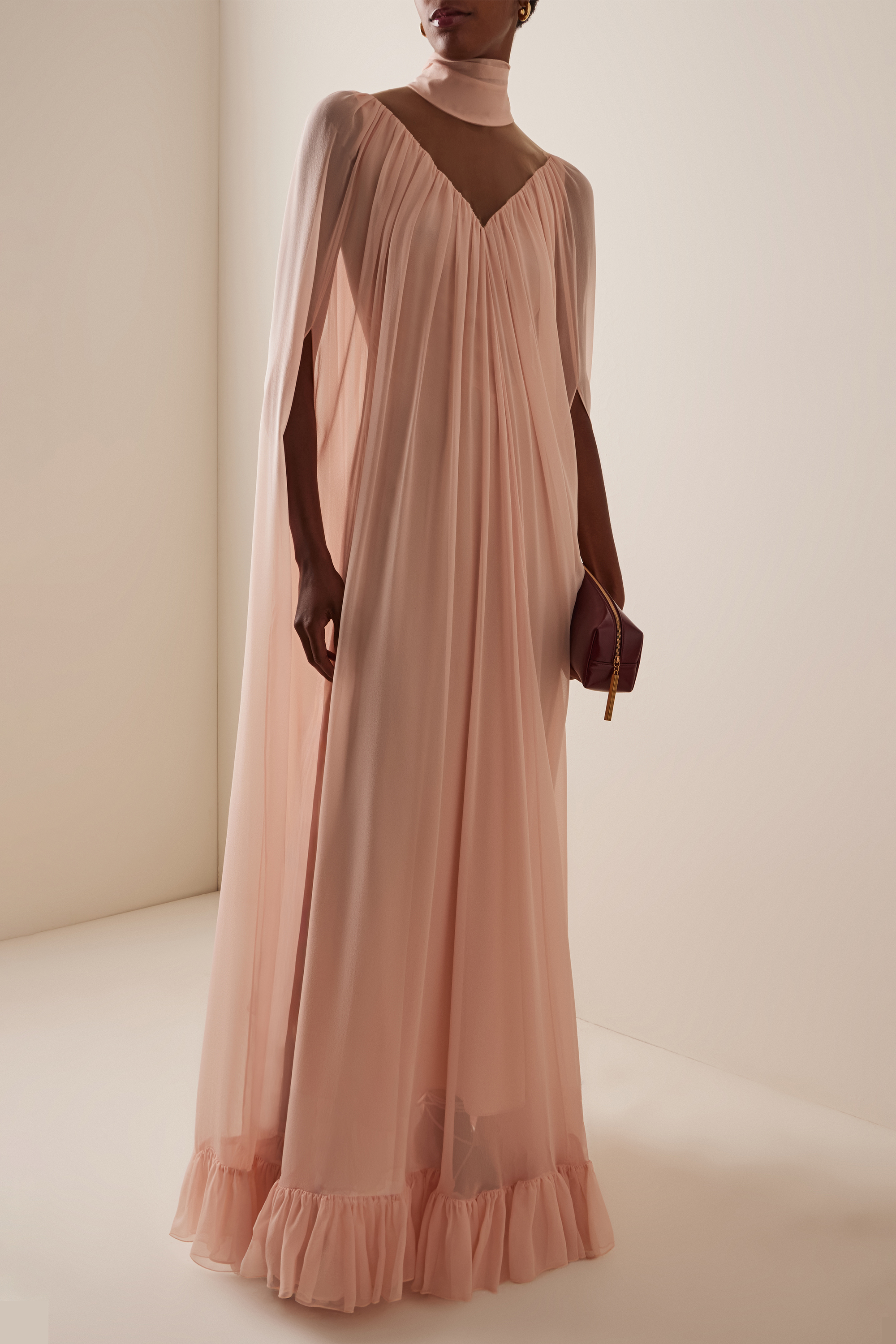 Chiffon Ruffle Cape Sleeve Maxi Dress