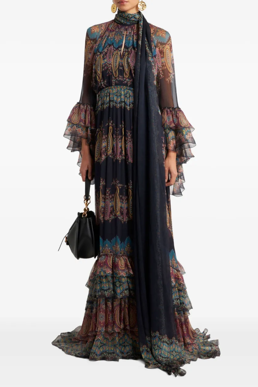 Paisley Print Ruffle Raglan Sleeve Maxi Dress