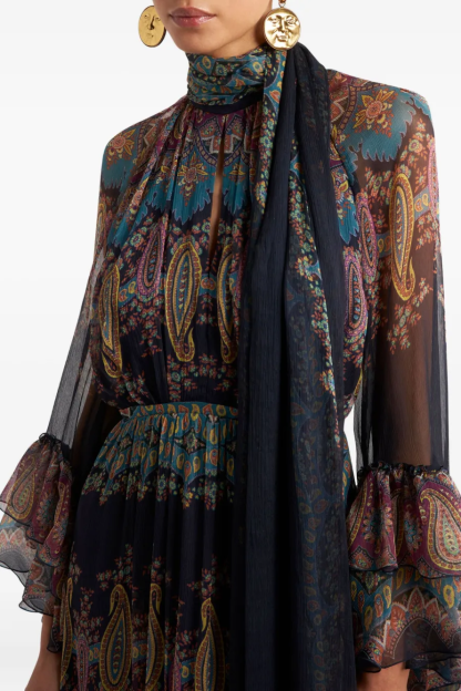 Paisley Print Ruffle Raglan Sleeve Maxi Dress