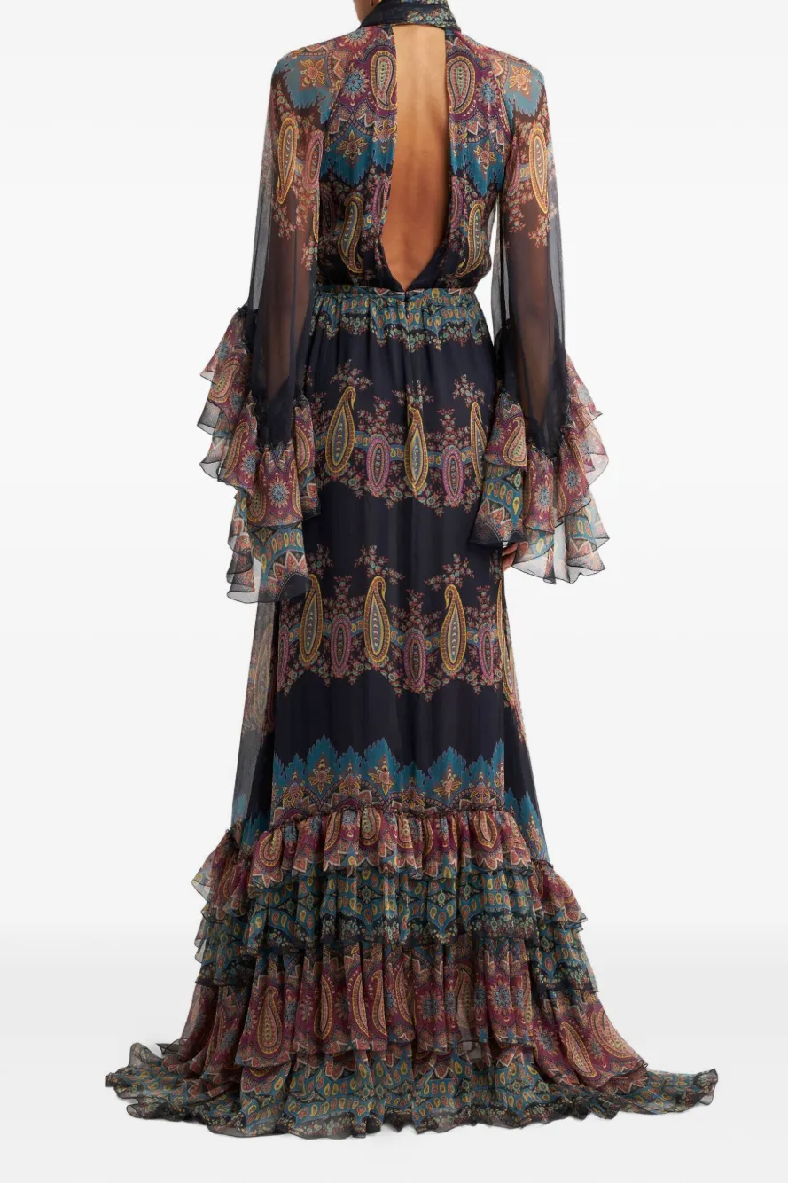 Paisley Print Ruffle Raglan Sleeve Maxi Dress