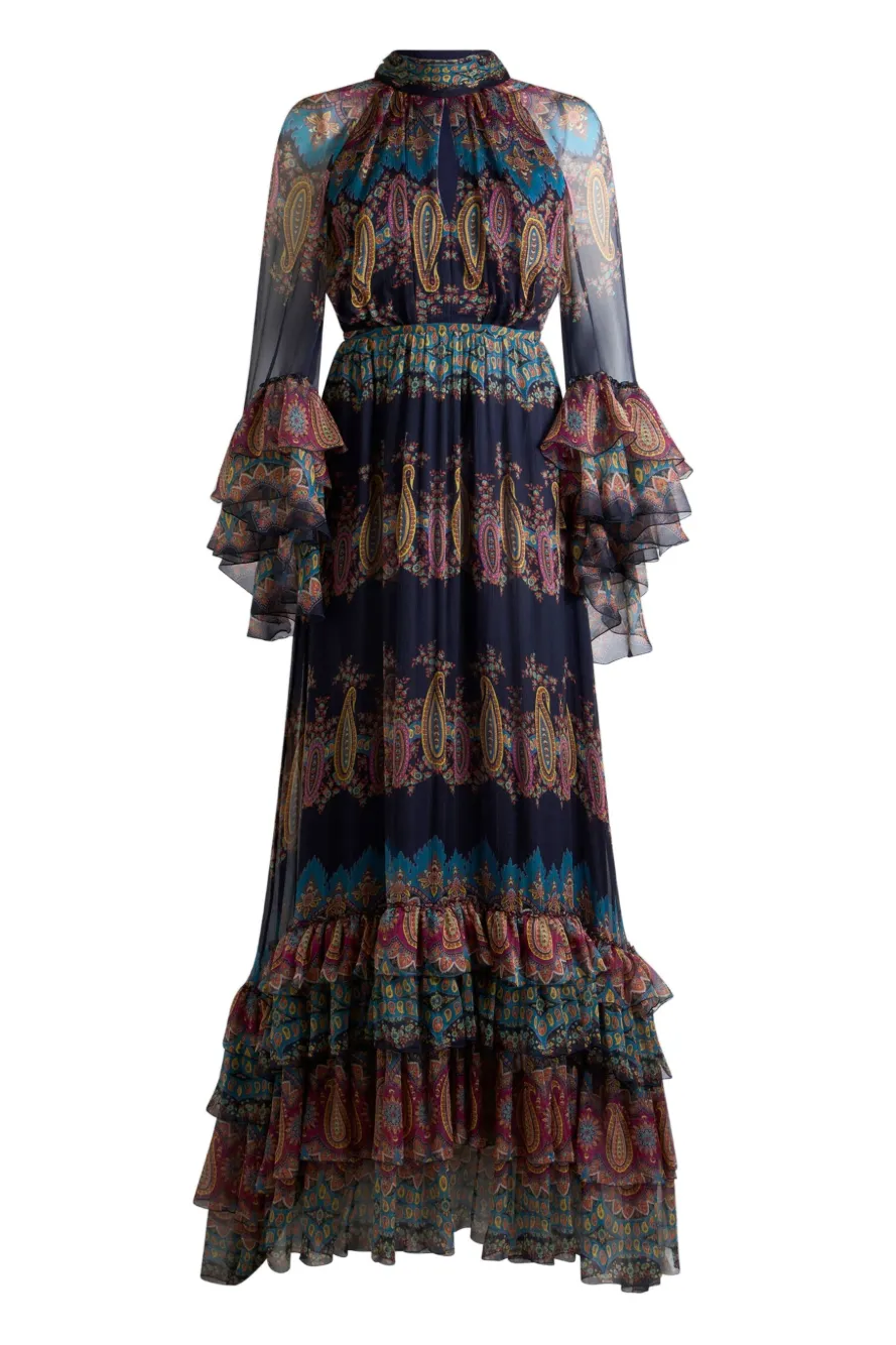 Paisley Print Ruffle Raglan Sleeve Maxi Dress