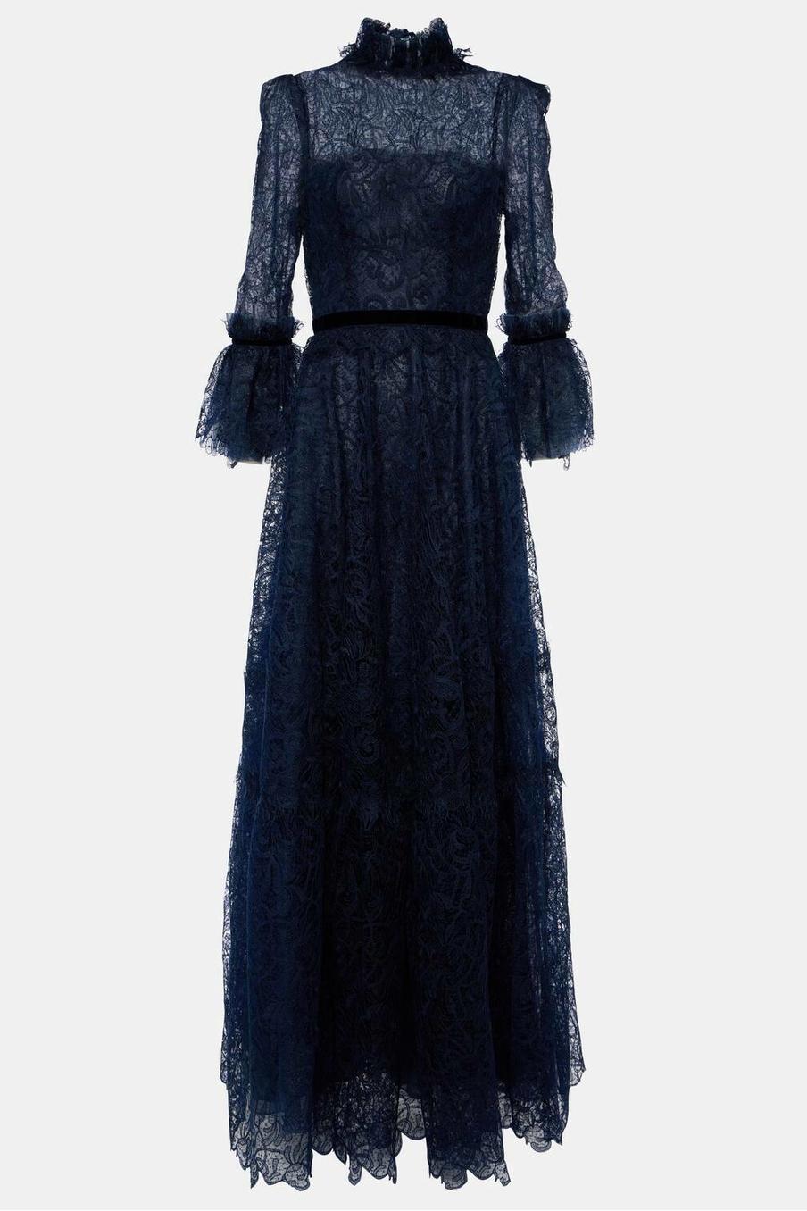 Lace Stand Collar Ruffle Maxi Dress