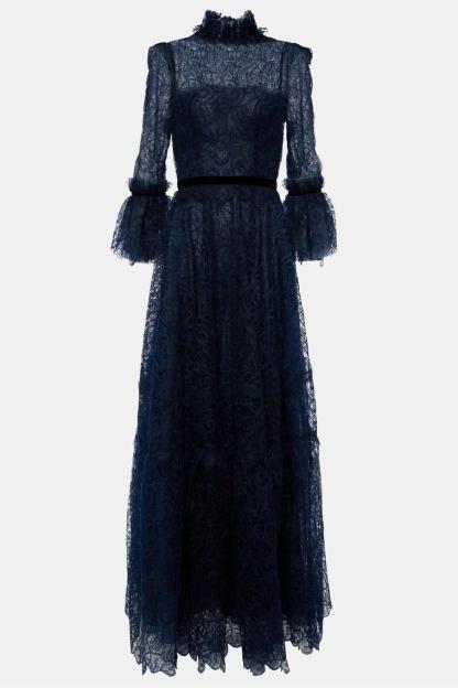 Lace Stand Collar Ruffle Maxi Dress