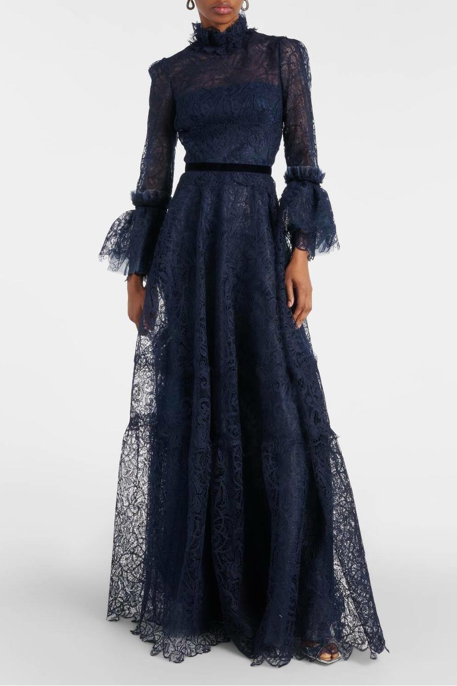 Lace Stand Collar Ruffle Maxi Dress