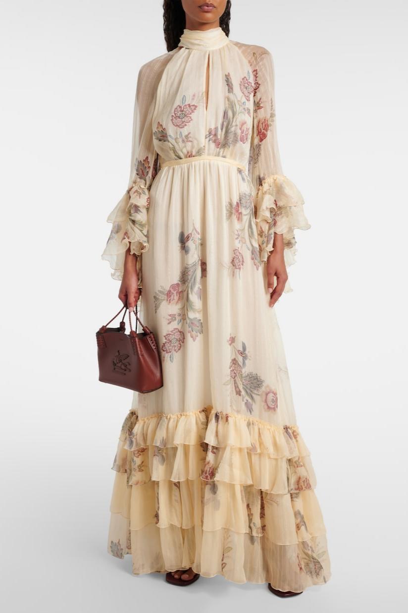 Floral Ruffle Lace-Up Maxi Dress