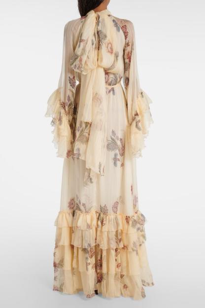 Floral Ruffle Lace-Up Maxi Dress