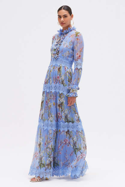 Floral Lace Pleated Maxi Dress