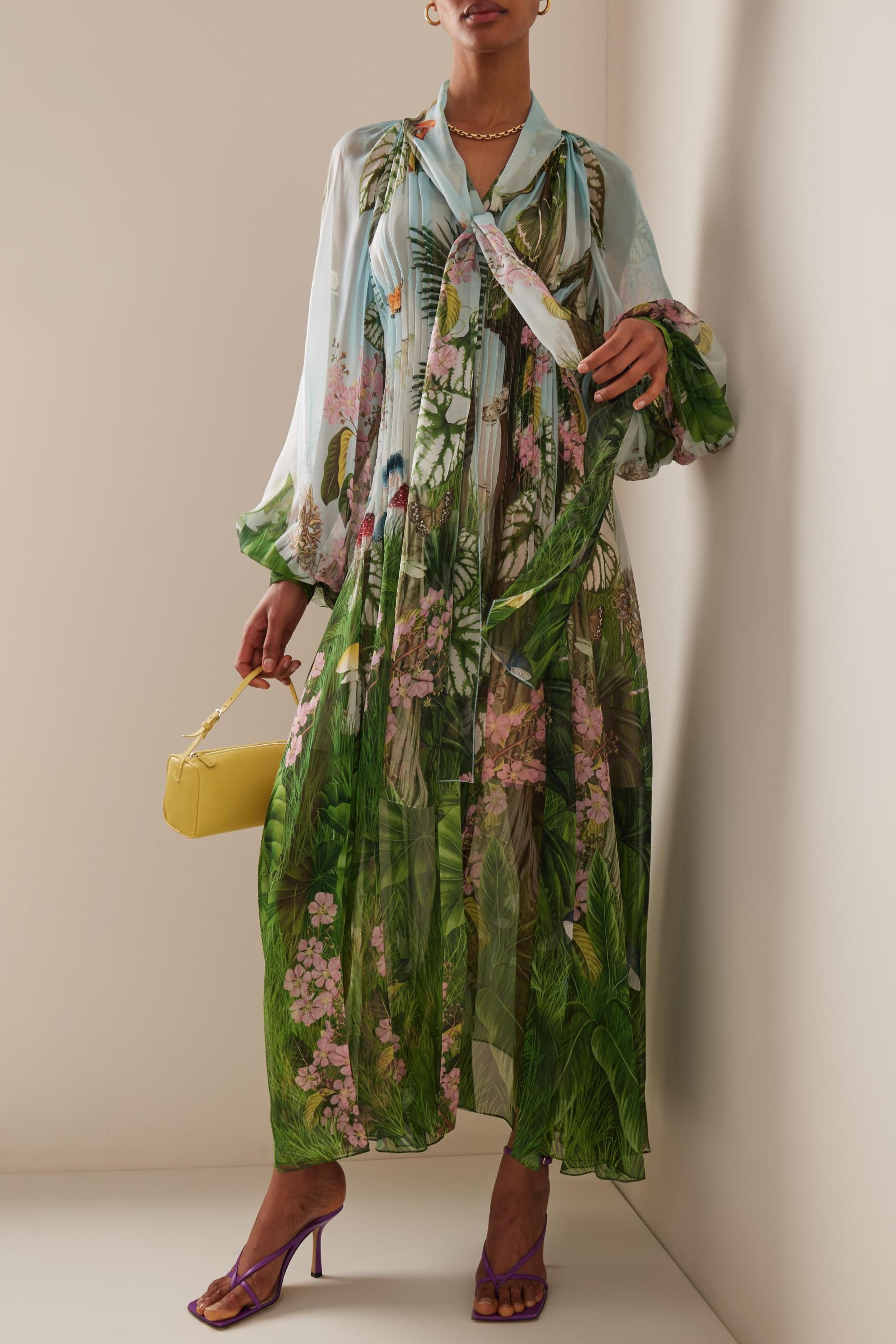 Botanical Print Pleated Lace-Up Midi Dress