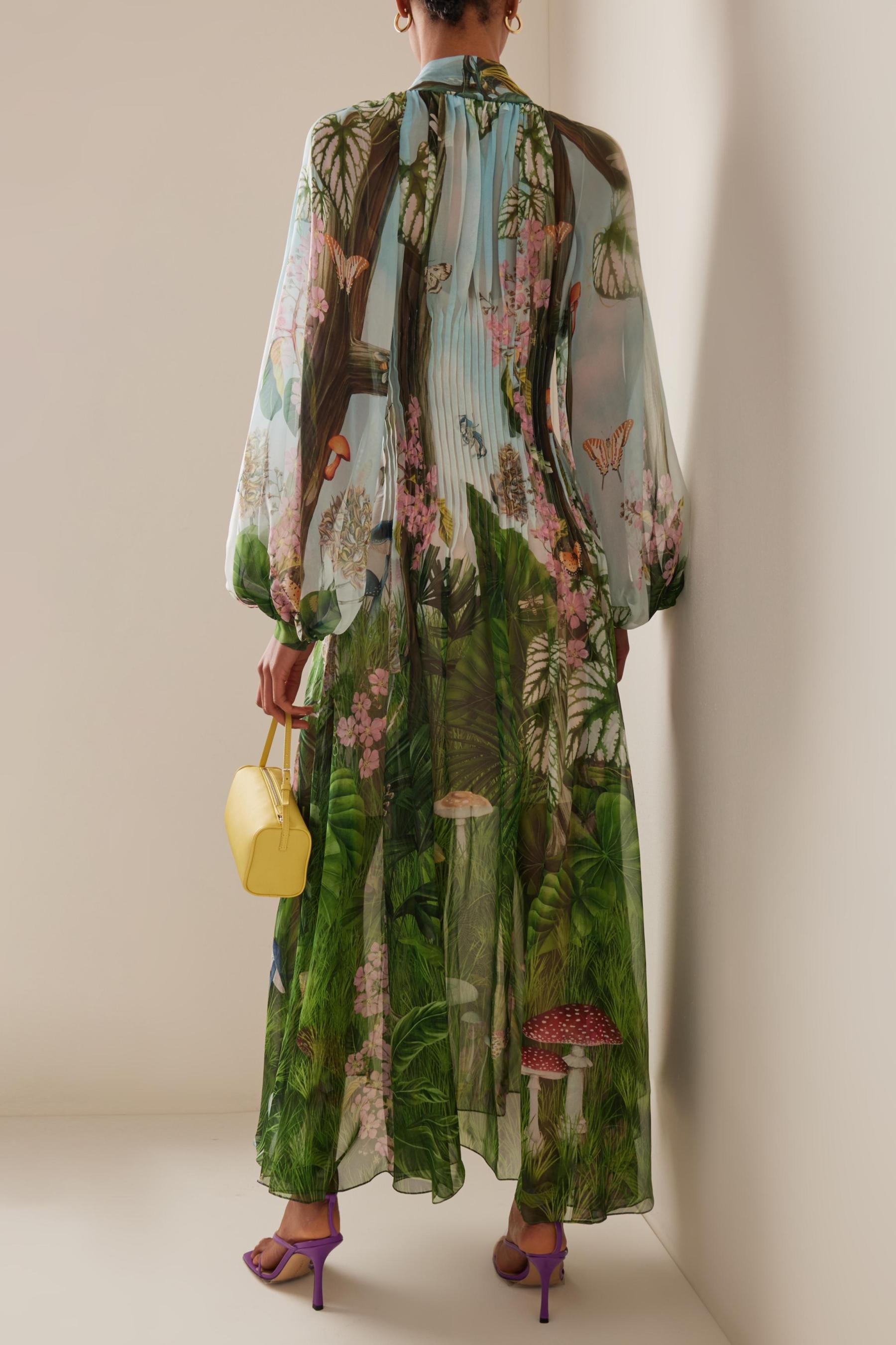 Botanical Print  Pleated Lace-Up Midi Dress