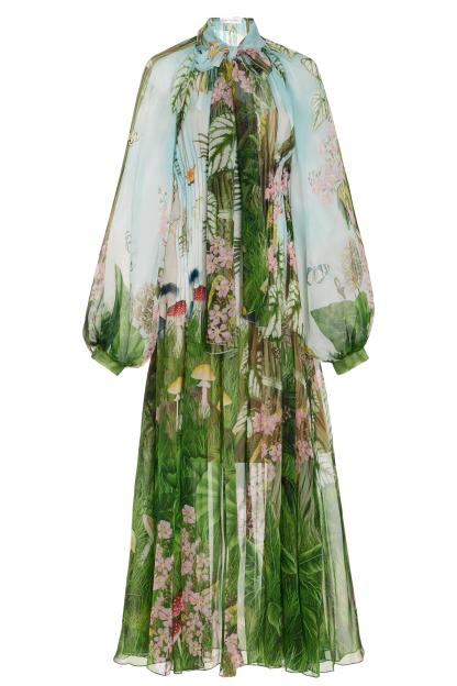 Botanical Print  Pleated Lace-Up Midi Dress